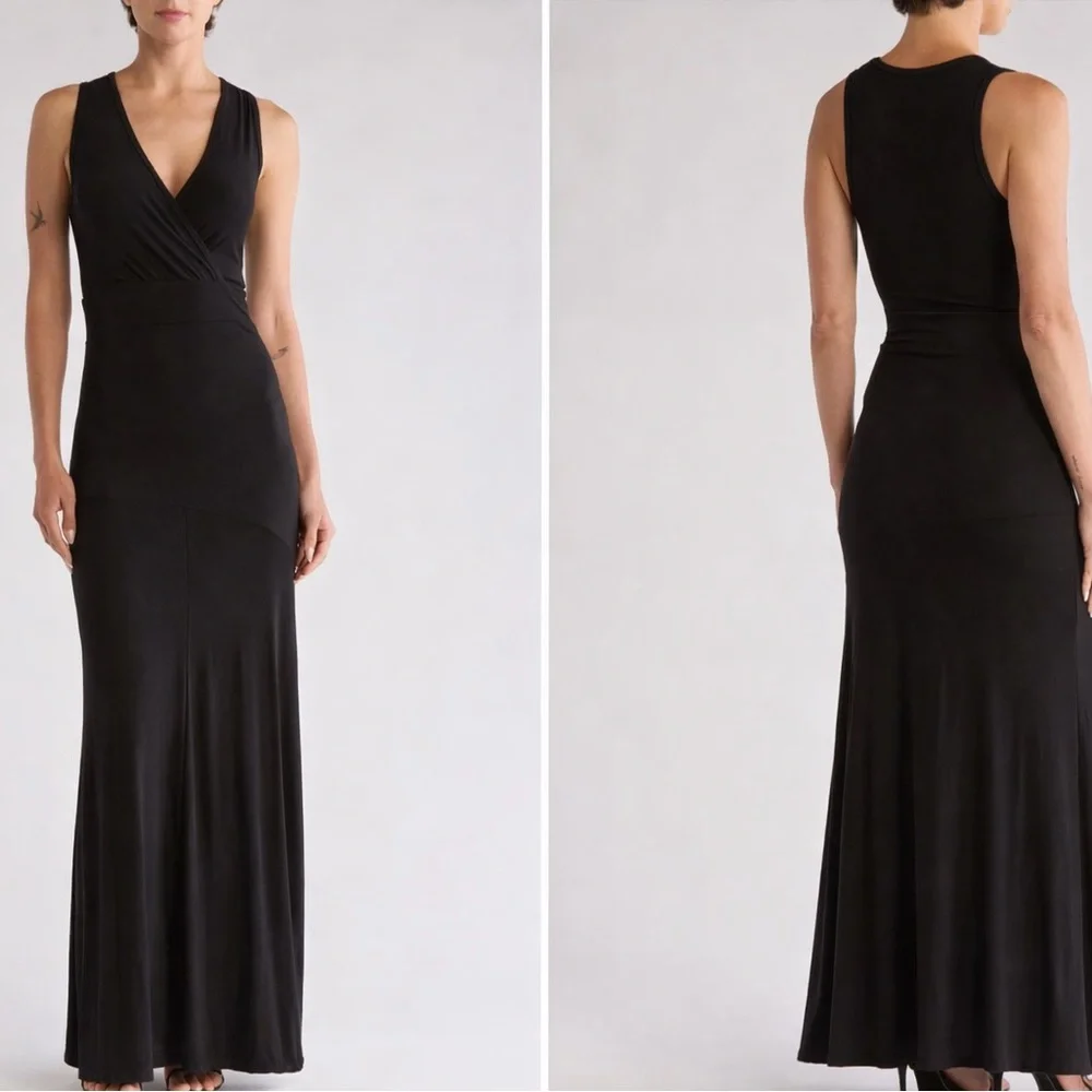 NWT Black Faux Wrap Maxi Dress XL GO COUTURE Draped modal Jersey Maxi - Picture 2 of 2